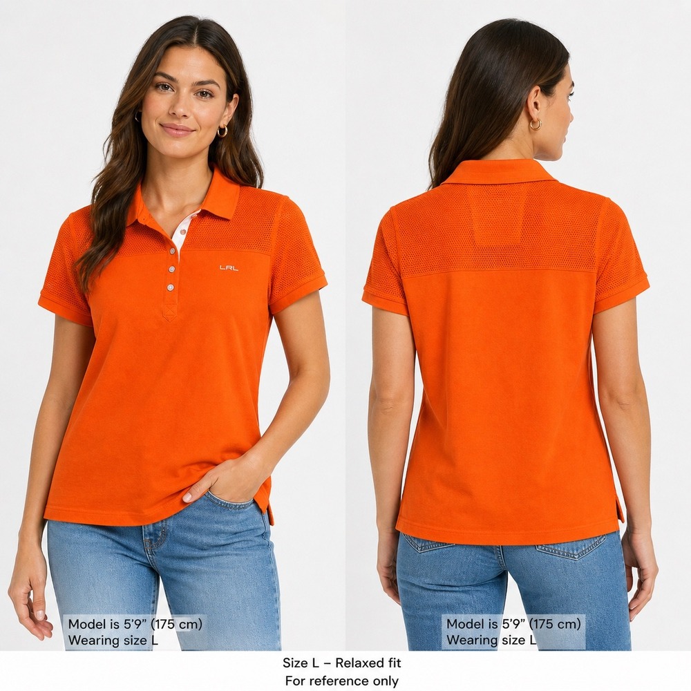 Lauren Ralph Lauren Womens Orange Mesh Yoke Polo Shirt Size L Short Sleeve LRL